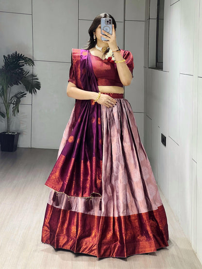 Wine Pure Silk Zari Weaving Kalamkari Weaving Border Lehenga Choli 
