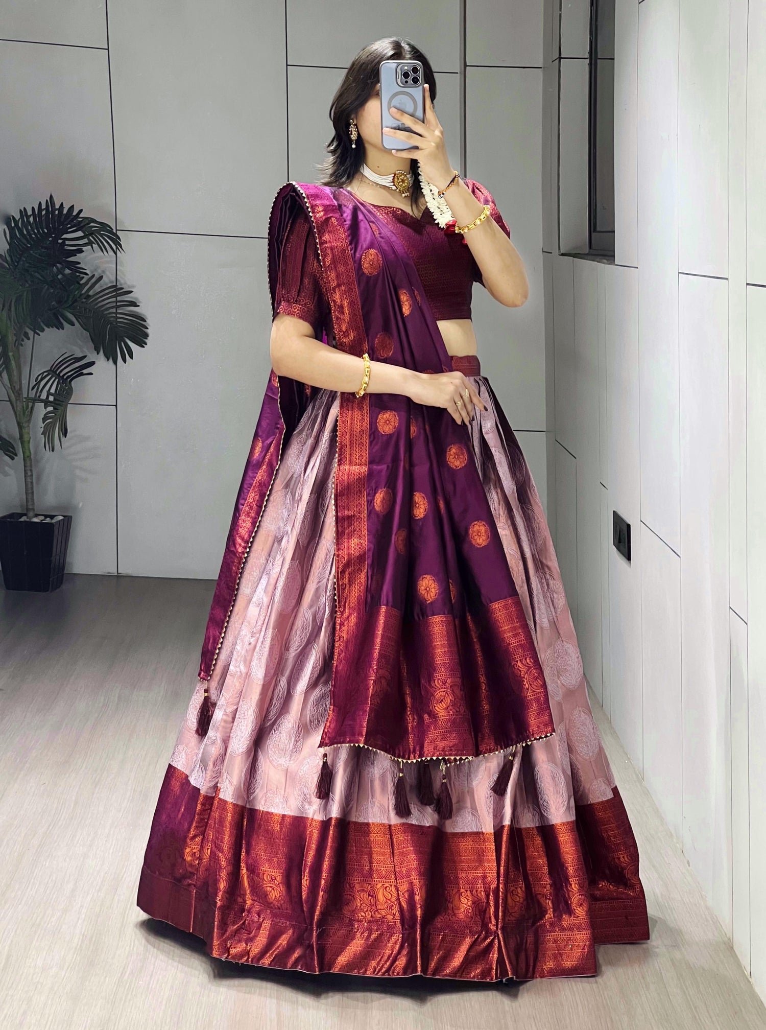 Wine Pure Silk Zari Weaving Kalamkari Weaving Border Lehenga Choli 