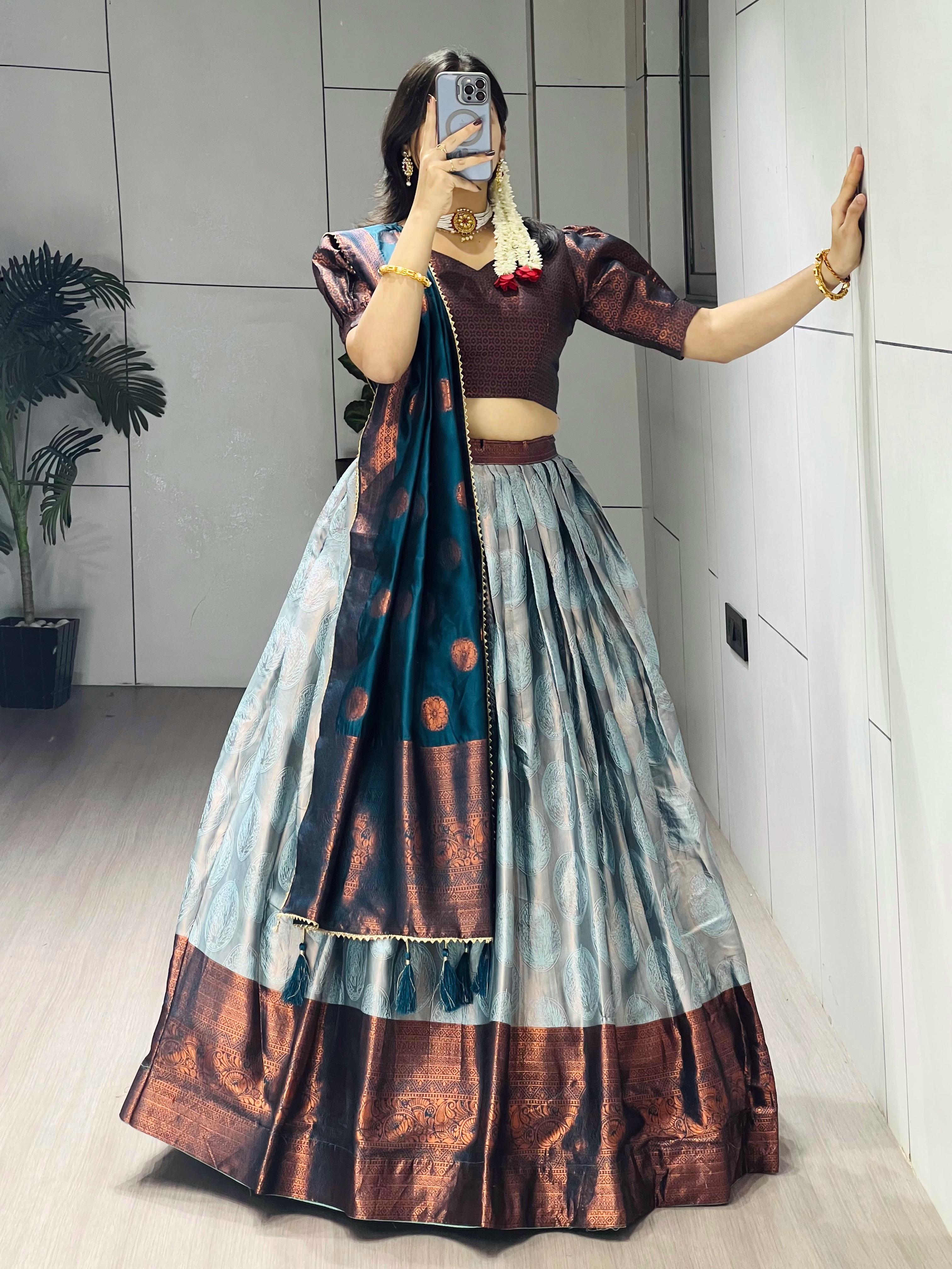 Rama Pure Silk Zari Weaving Kalamkari Weaving Border Lehenga Choli 