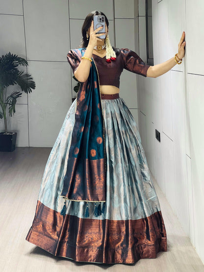 Rama Pure Silk Zari Weaving Kalamkari Weaving Border Lehenga Choli 