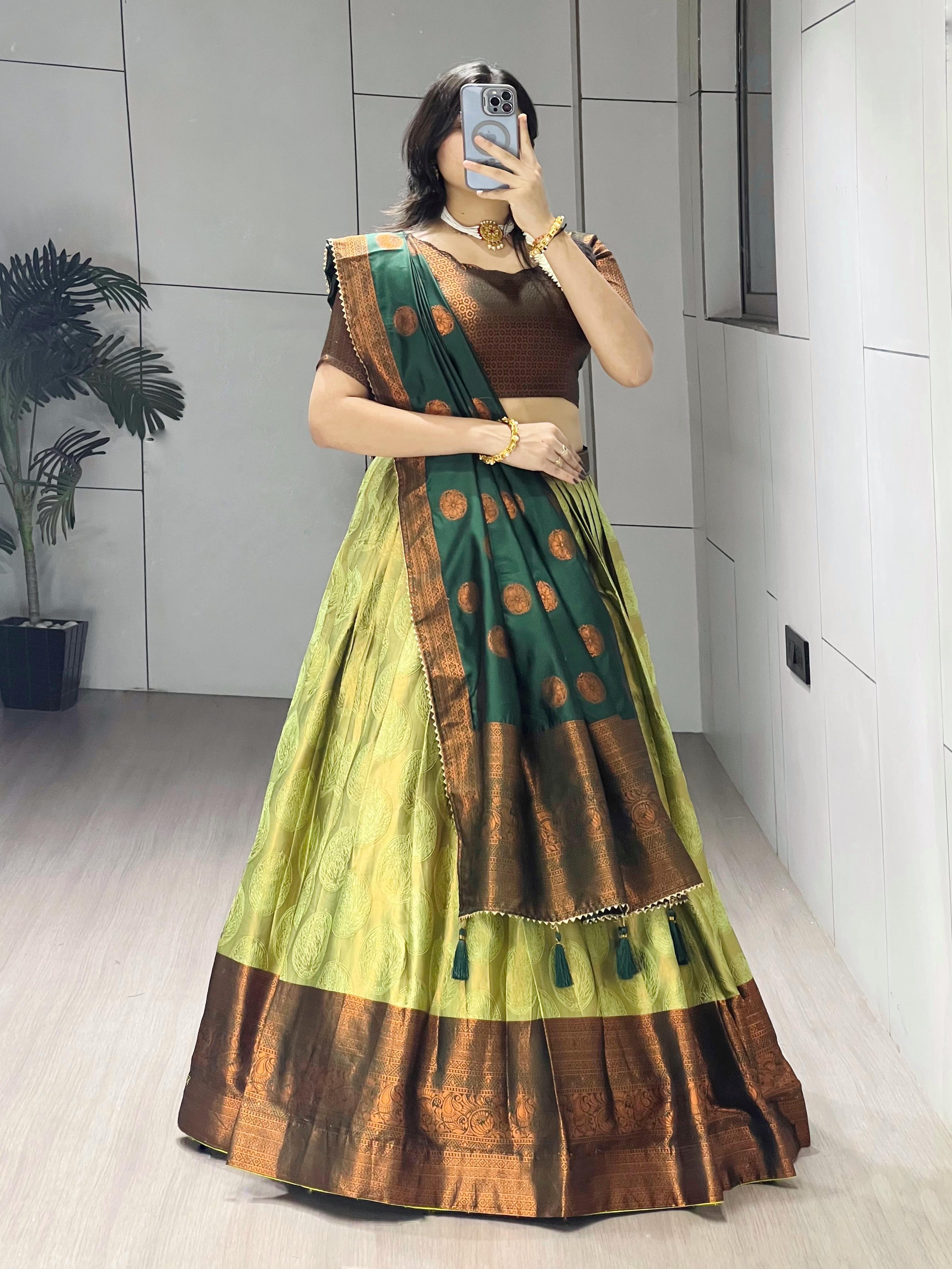 Pista Pure Silk Zari Weaving Kalamkari Weaving Border Lehenga Choli 