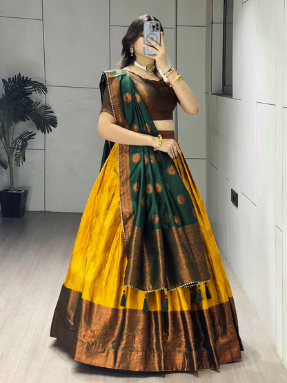 Mustard Pure Silk Zari Weaving Kalamkari Weaving Border Lehenga Choli 