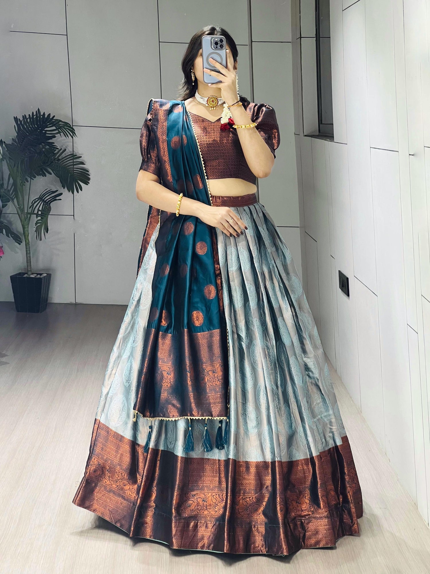 Rama Pure Silk Zari Weaving Kalamkari Weaving Border Lehenga Choli 