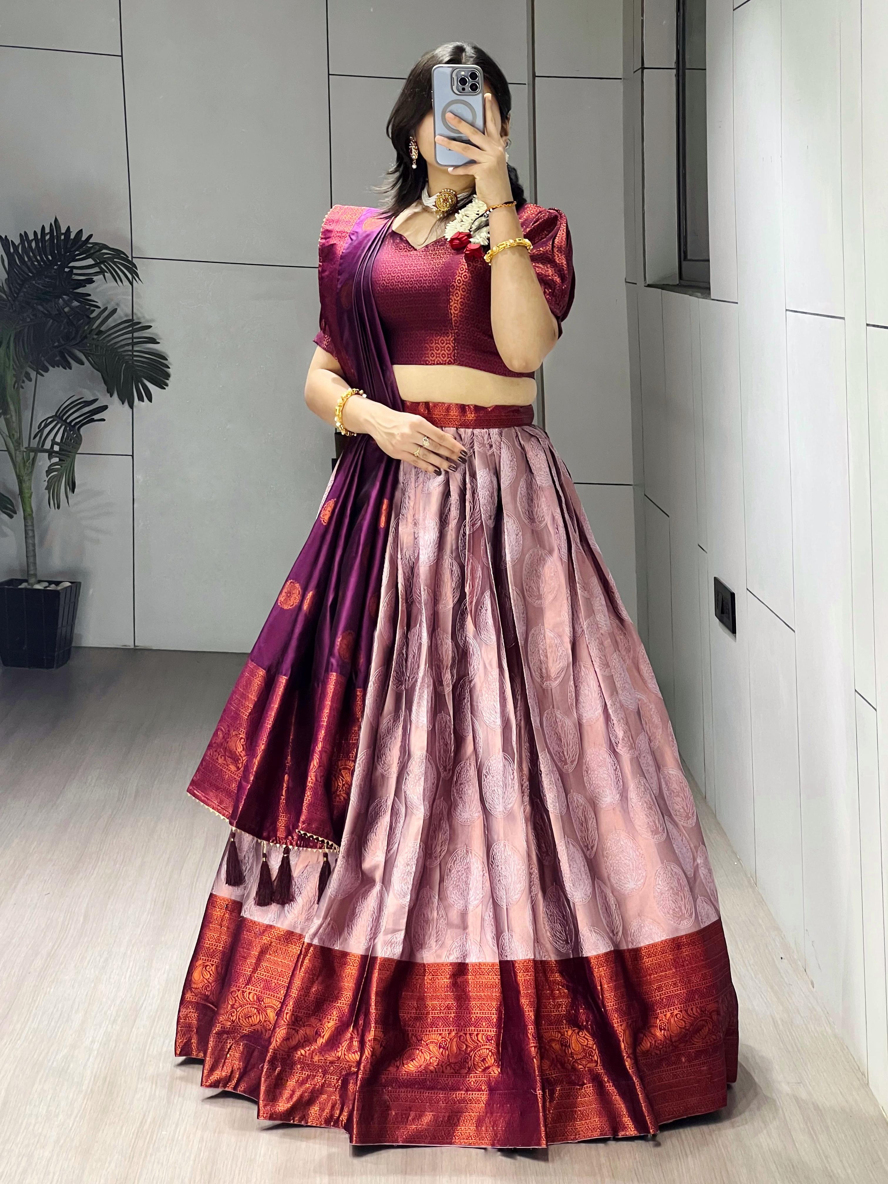 Wine Pure Silk Zari Weaving Kalamkari Weaving Border Lehenga Choli 