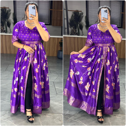 Purple Pure Soft Silk Floral Foil Print Anarkali Gown 