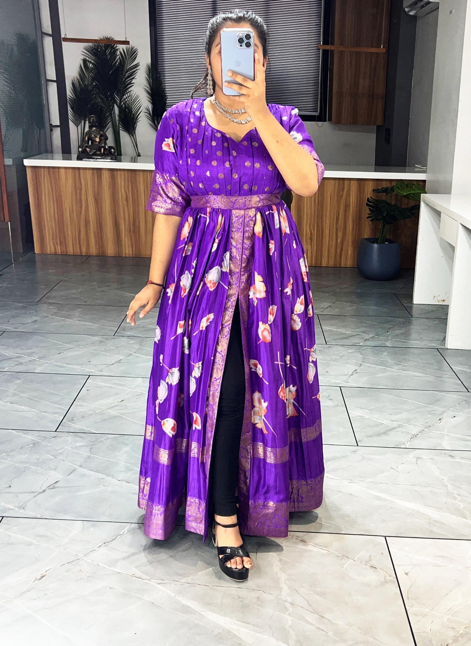 Purple Pure Soft Silk Floral Foil Print Anarkali Gown 
