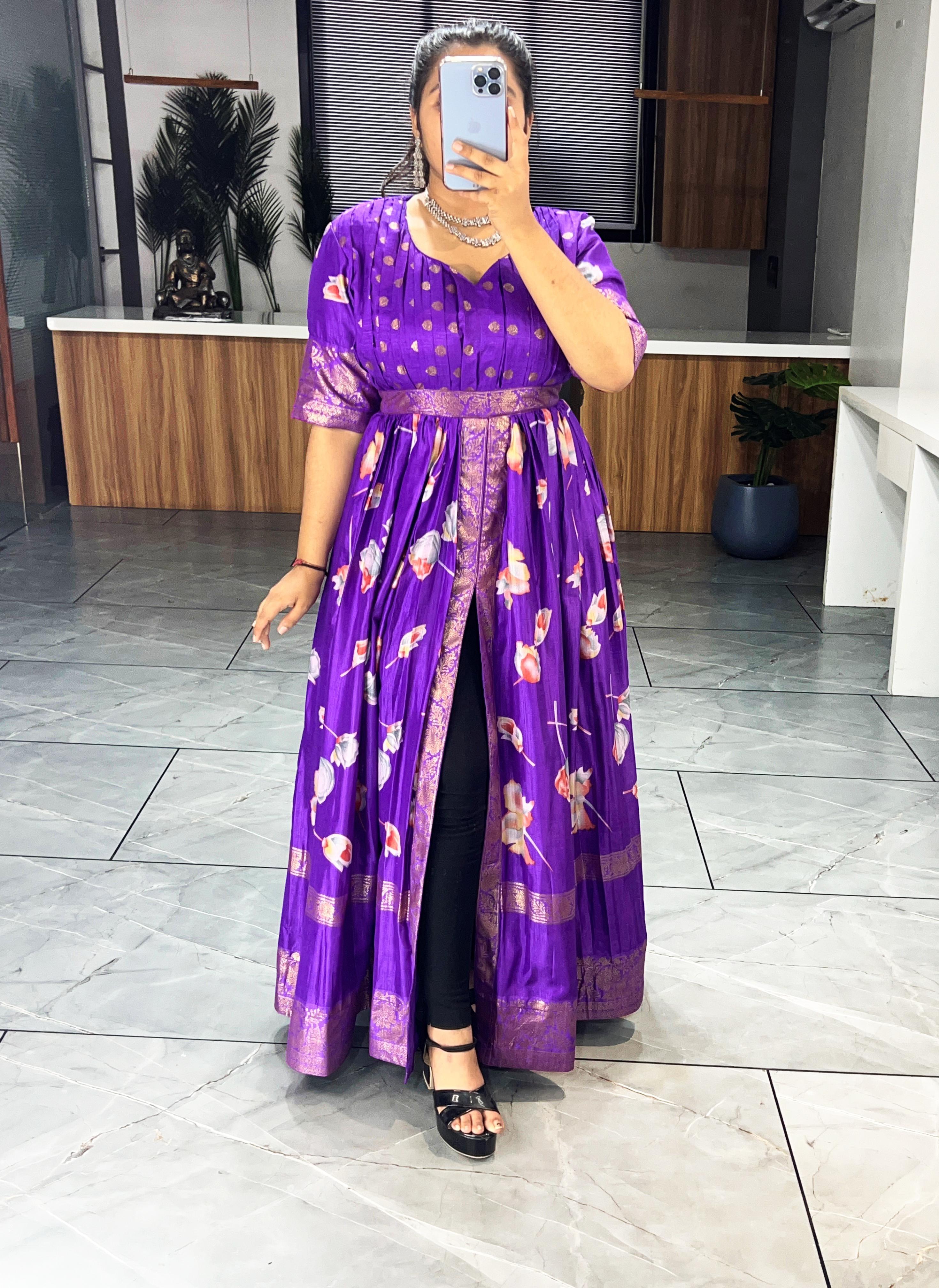 Purple Pure Soft Silk Floral Foil Print Anarkali Gown 