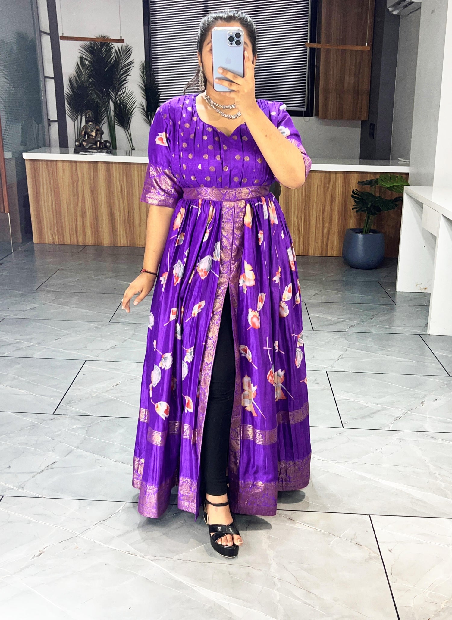 Purple Pure Soft Silk Floral Foil Print Anarkali Gown 