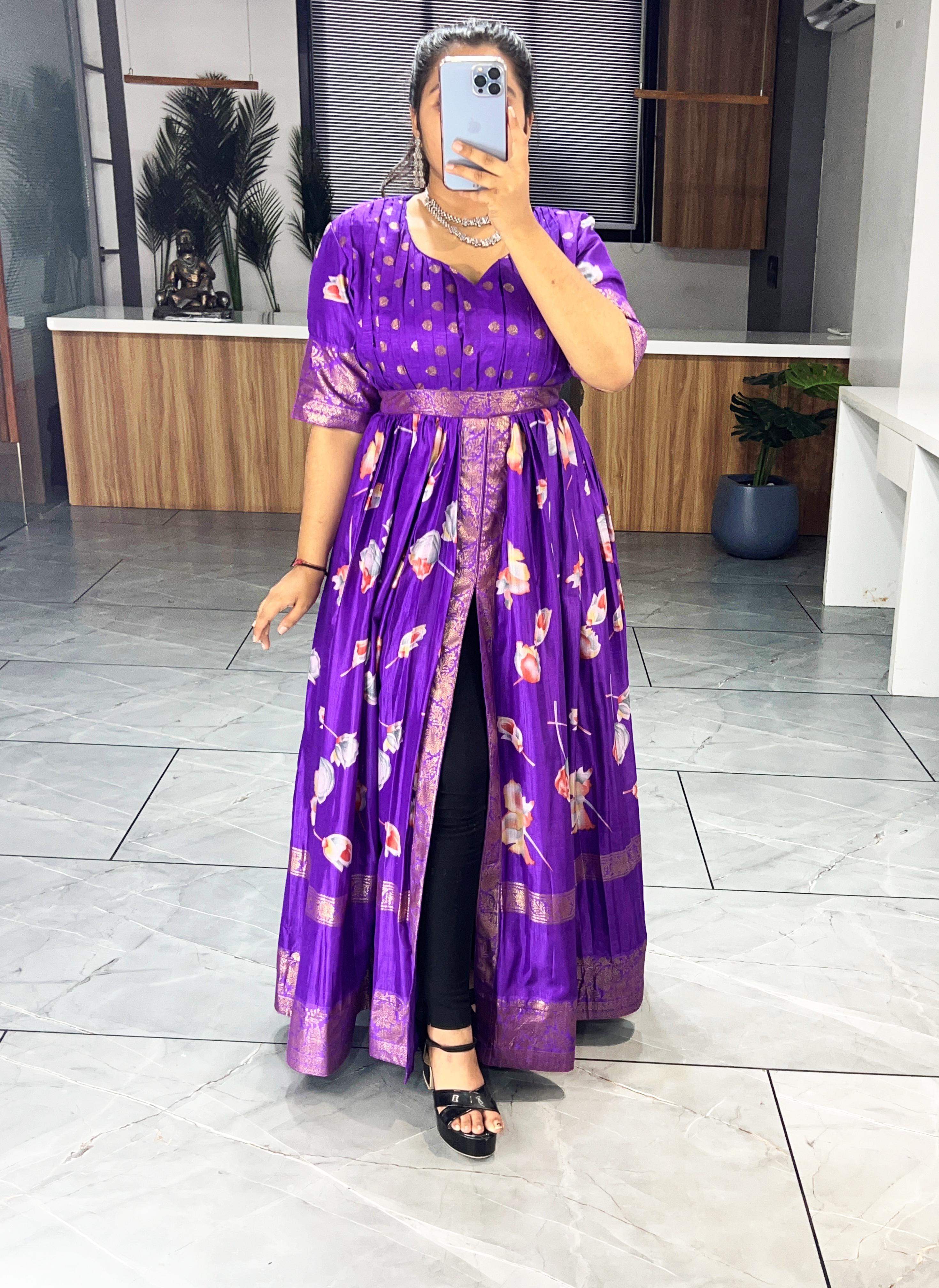 Purple Pure Soft Silk Floral Foil Print Anarkali Gown 