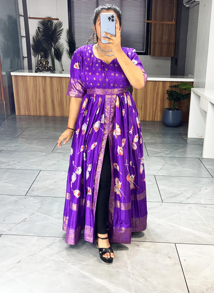 Purple Pure Soft Silk Floral Foil Print Anarkali Gown 