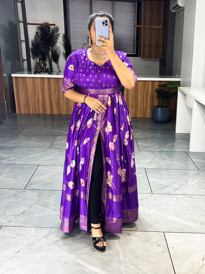 Purple Pure Soft Silk Floral Foil Print Anarkali Gown 
