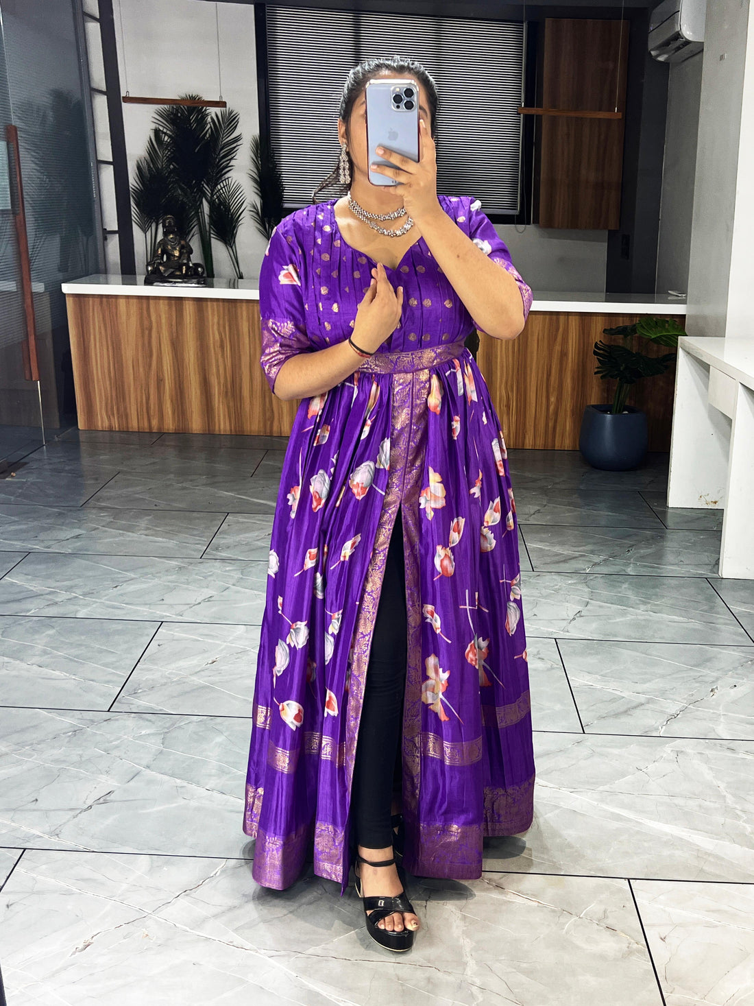 Purple Pure Soft Silk Floral Foil Print Anarkali Gown 