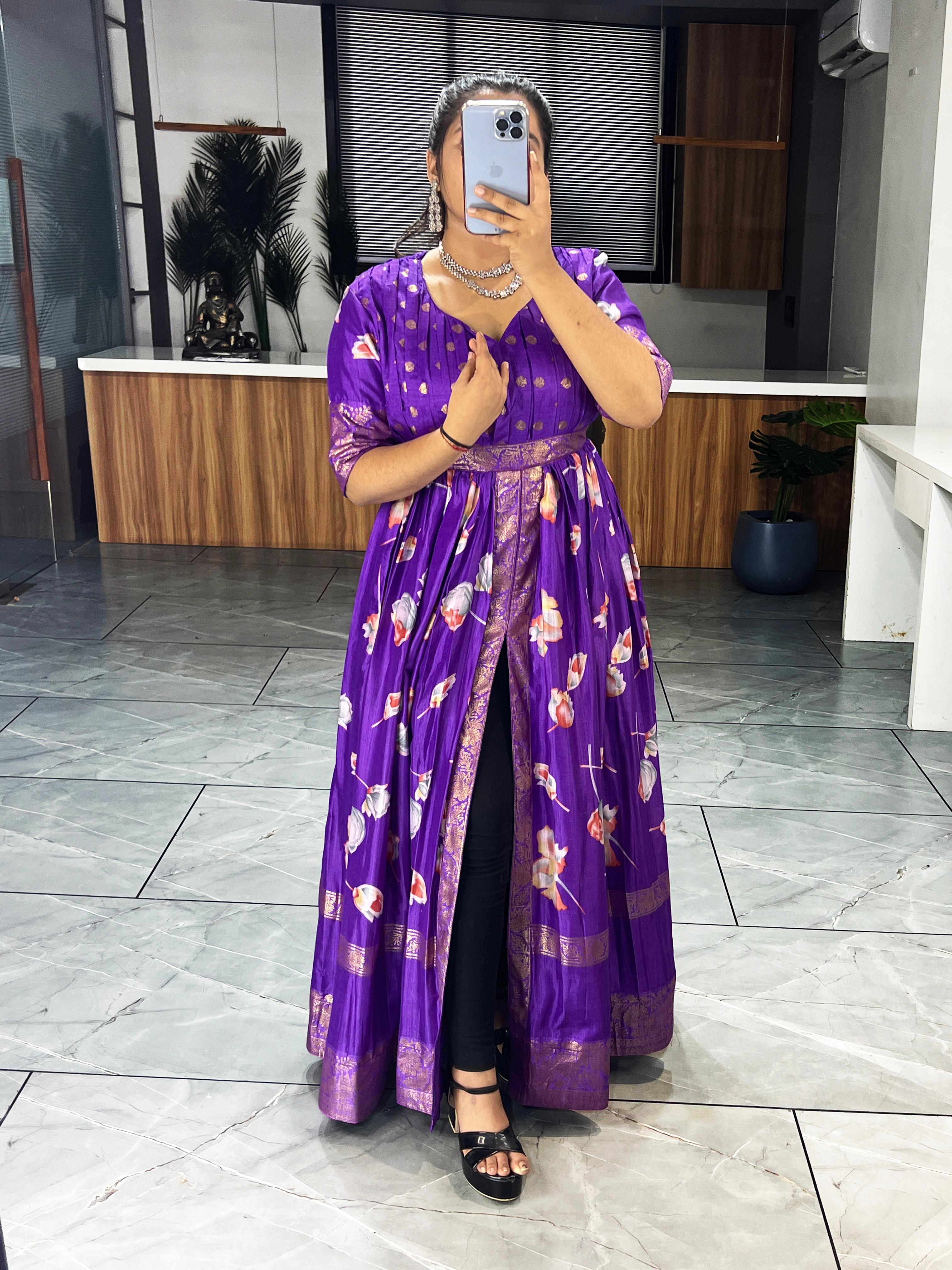 Purple Pure Soft Silk Floral Foil Print Anarkali Gown 