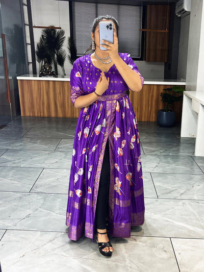 Purple Pure Soft Silk Floral Foil Print Anarkali Gown 