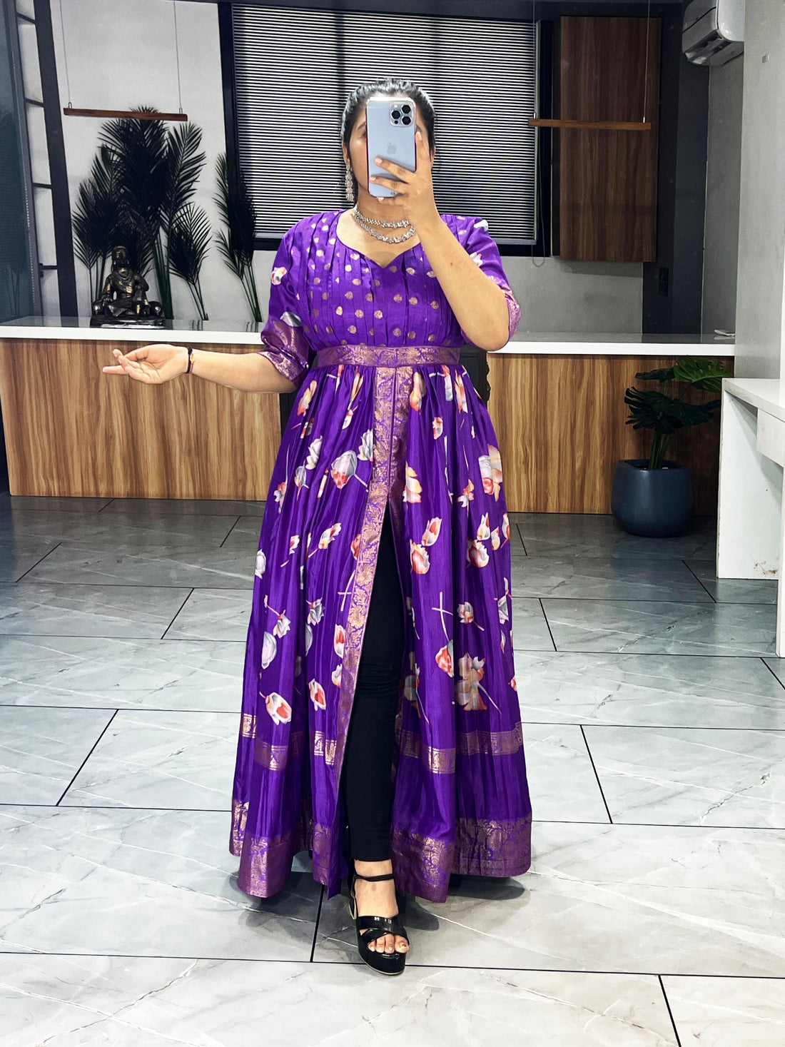 Purple Pure Soft Silk Floral Foil Print Anarkali Gown 