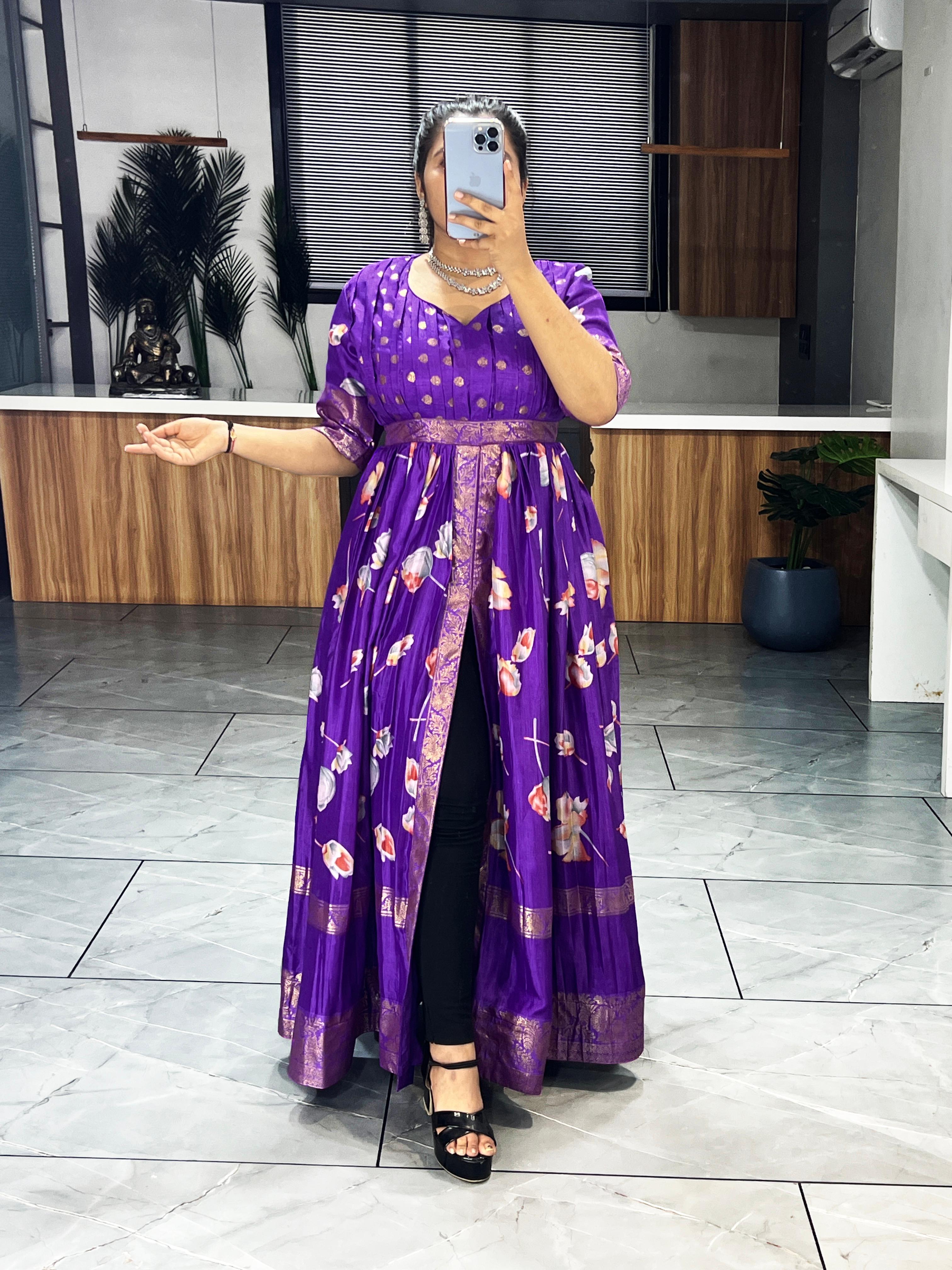 Purple Pure Soft Silk Floral Foil Print Anarkali Gown 