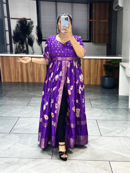 Purple Pure Soft Silk Floral Foil Print Anarkali Gown 