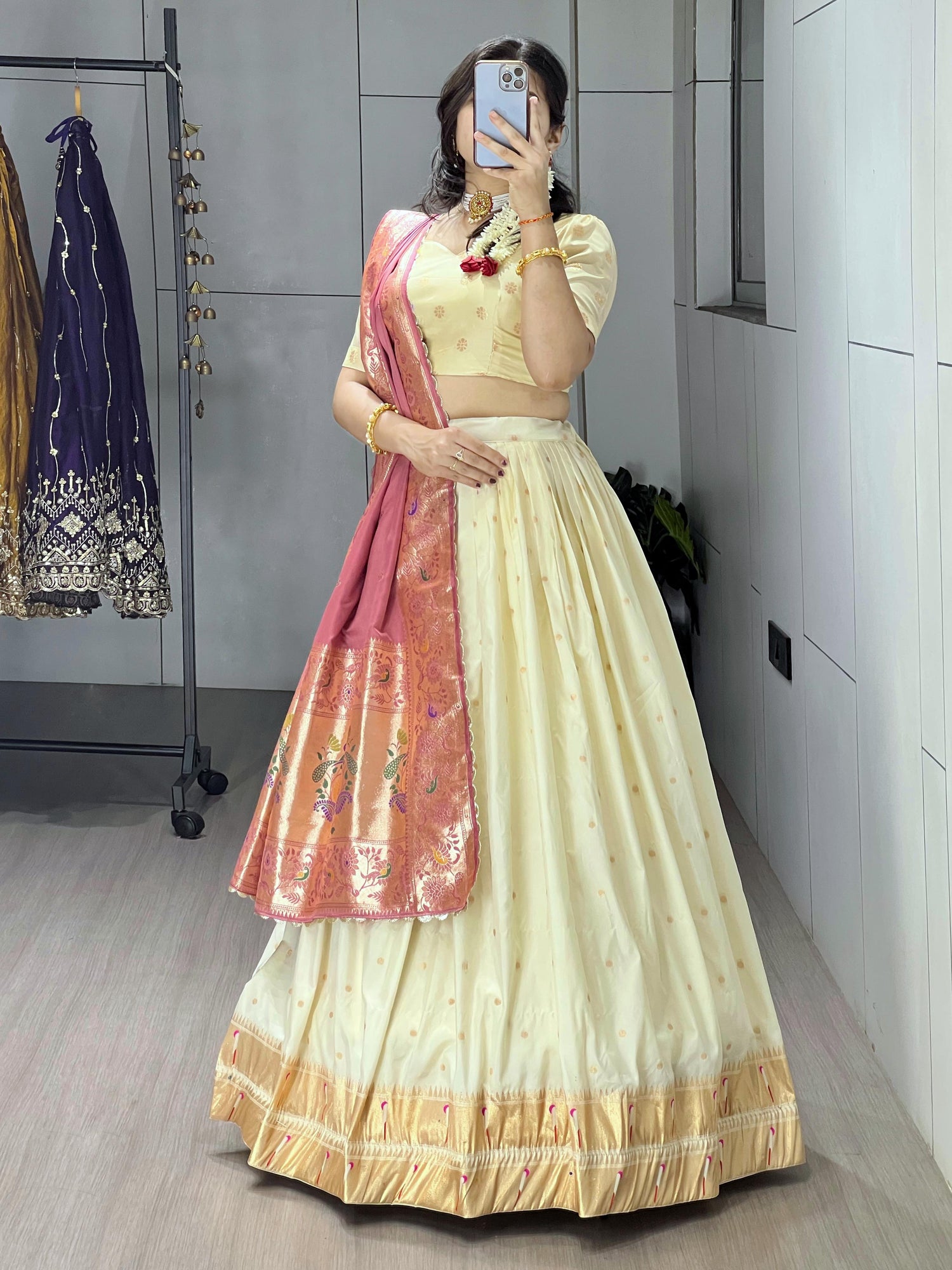 Gajari Pure Paithani Silk Zari Weaving Work With Border and Butti Lehenga Choli 