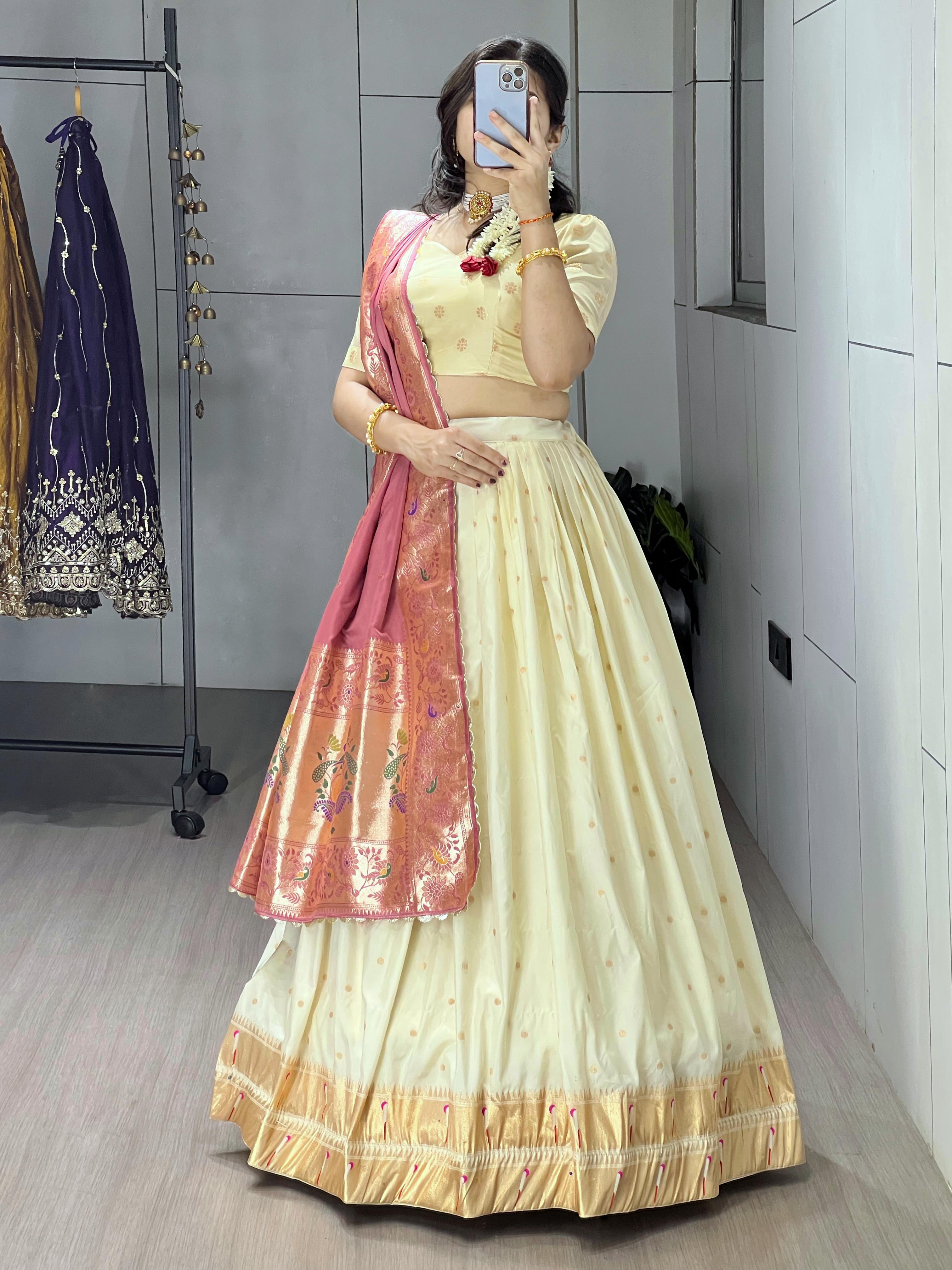 Gajari Pure Paithani Silk Zari Weaving Work With Border and Butti Lehenga Choli 