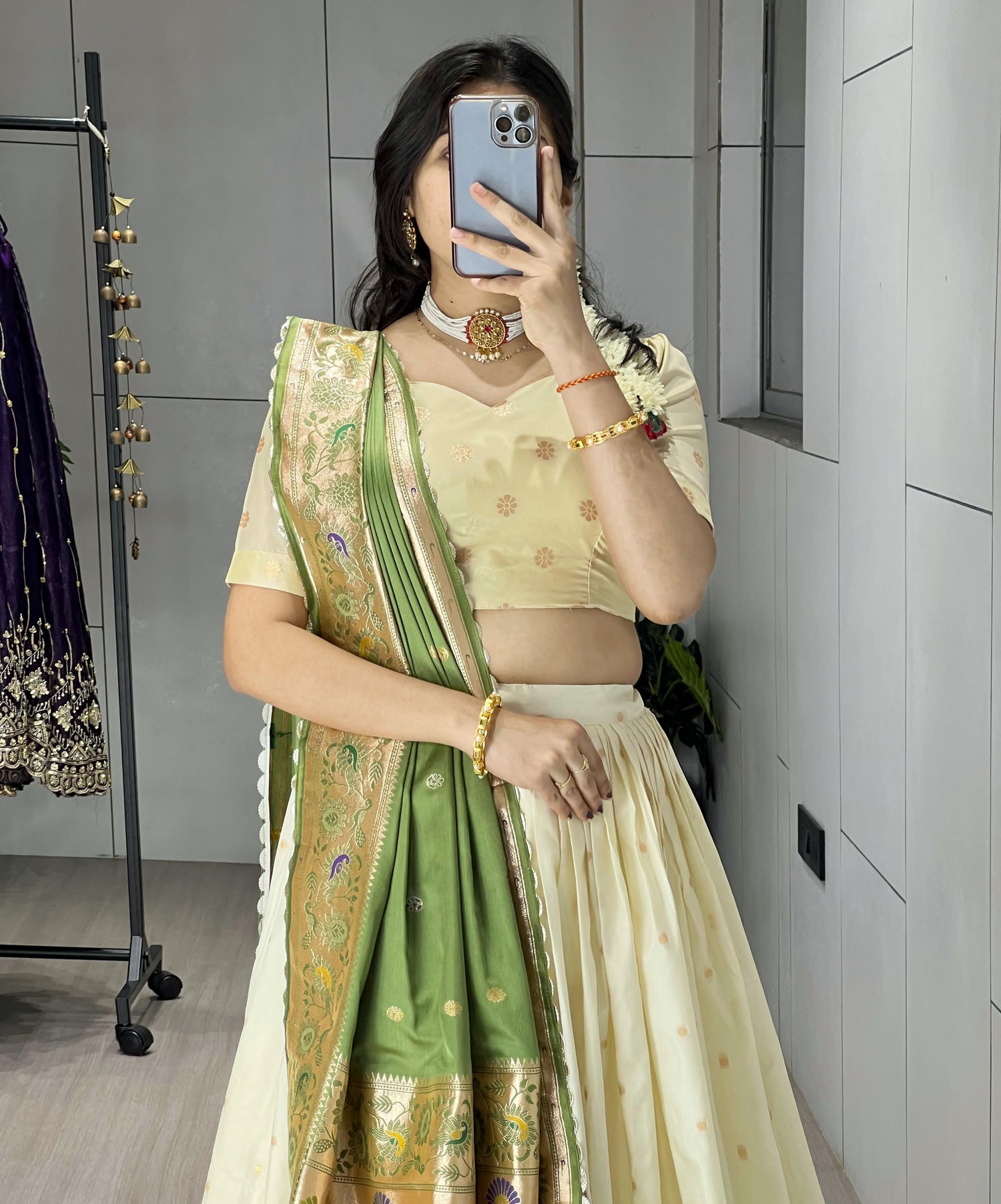 Green Pure Paithani Silk Zari Weaving Work With Border and Butti Lehenga Choli 