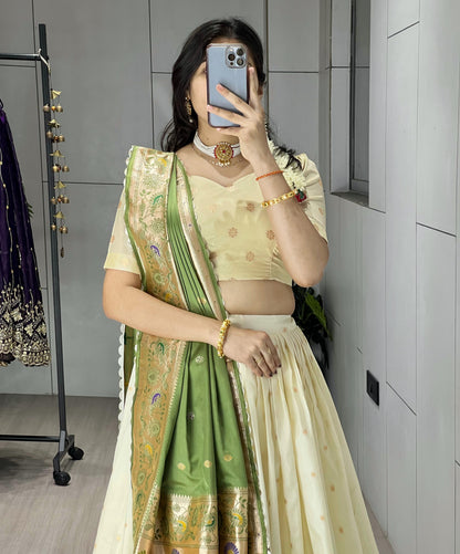 Green Pure Paithani Silk Zari Weaving Work With Border and Butti Lehenga Choli 
