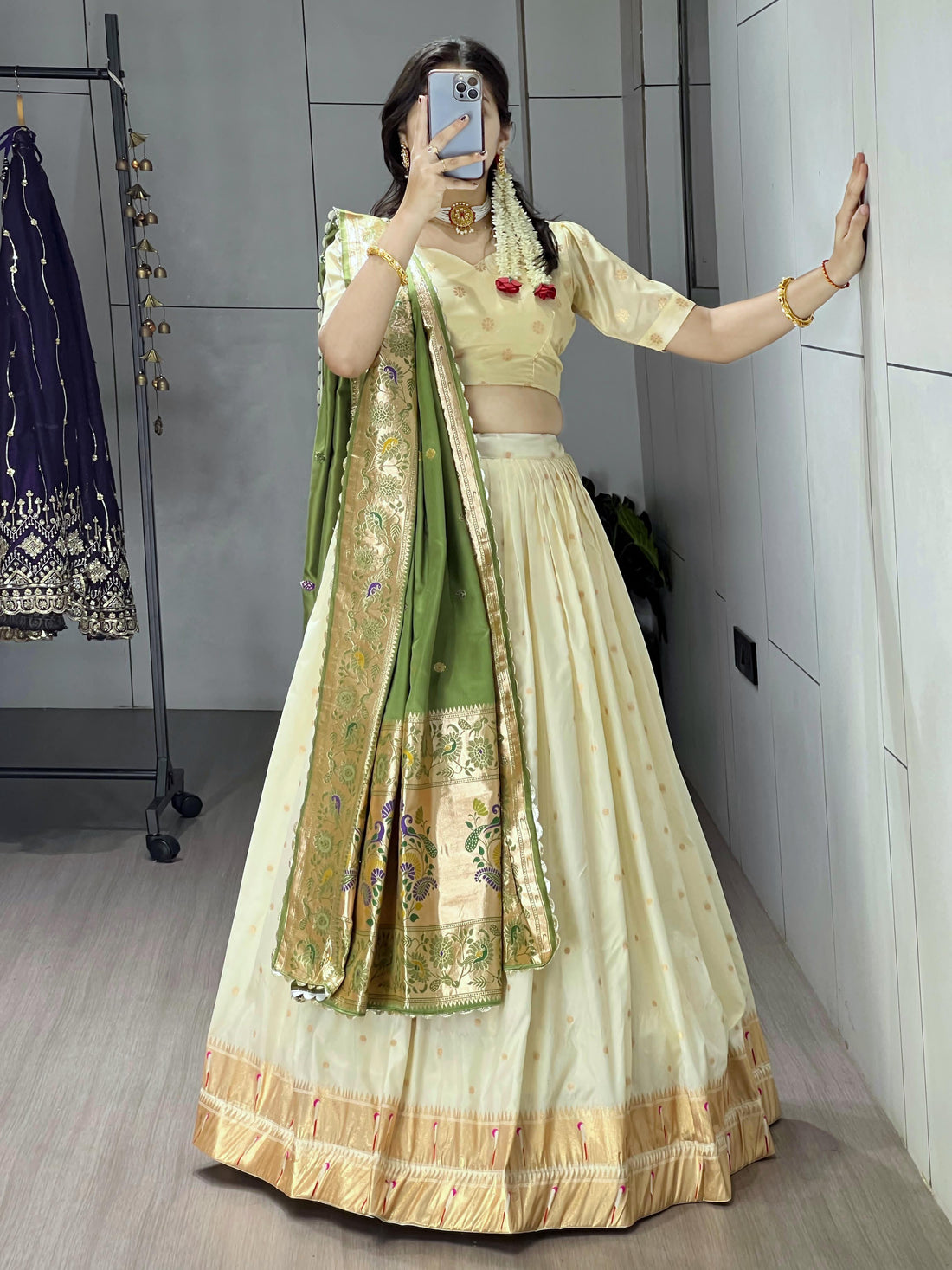 Green Pure Paithani Silk Zari Weaving Work With Border and Butti Lehenga Choli 