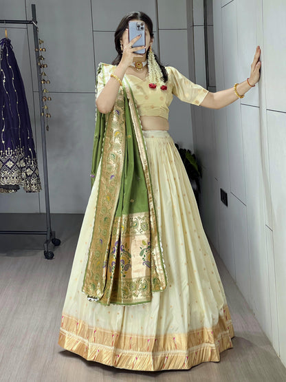 Green Pure Paithani Silk Zari Weaving Work With Border and Butti Lehenga Choli 