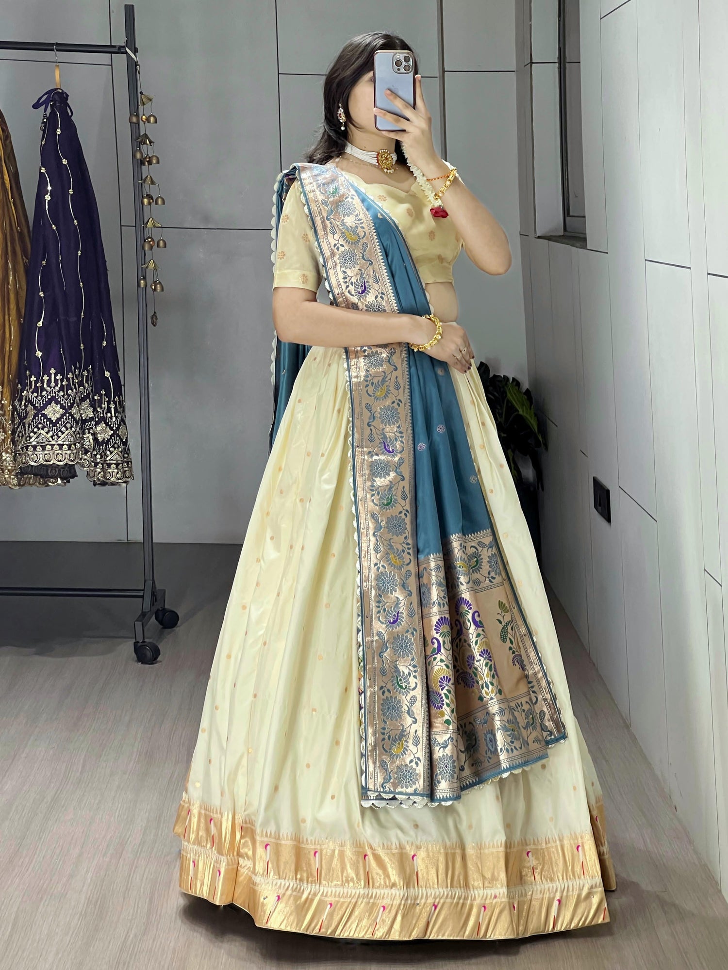 Rama Pure Paithani Silk Zari Weaving Work With Border and Butti Lehenga Choli 