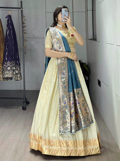 Rama Pure Paithani Silk Zari Weaving Work With Border and Butti Lehenga Choli 