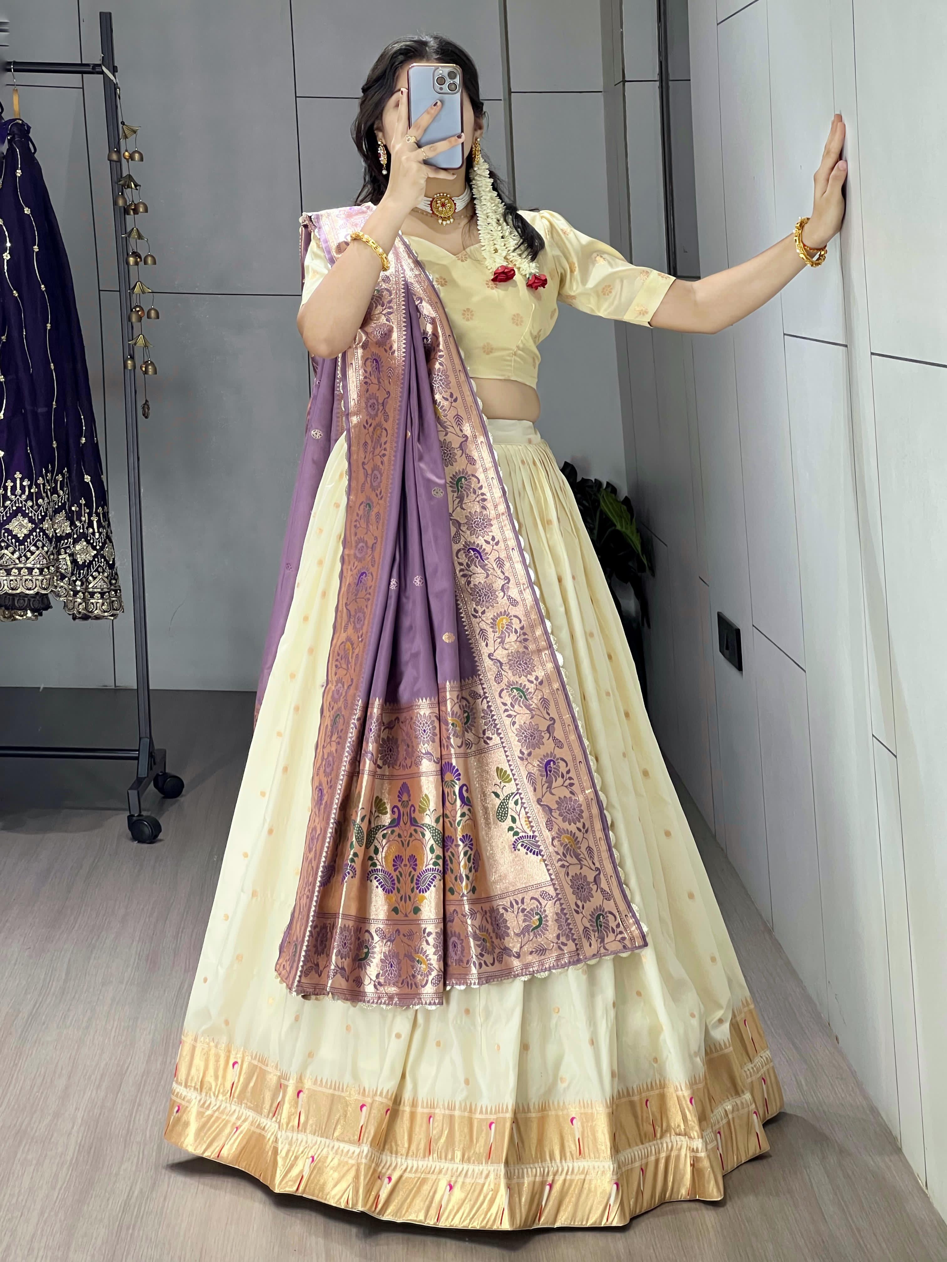 Purple Pure Paithani Silk Zari Weaving Work With Border and Butti Lehenga Choli 