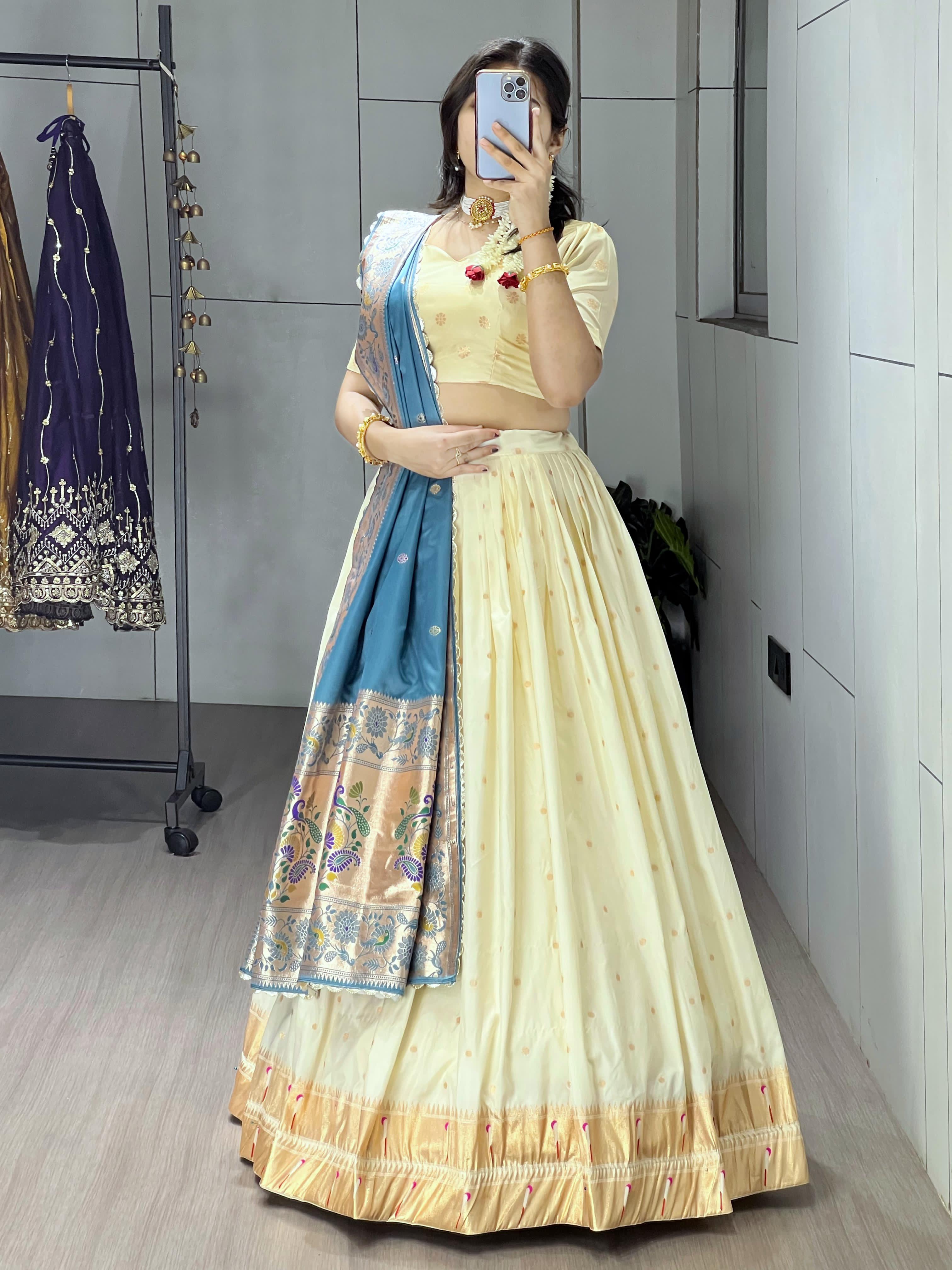 Rama Pure Paithani Silk Zari Weaving Work With Border and Butti Lehenga Choli 