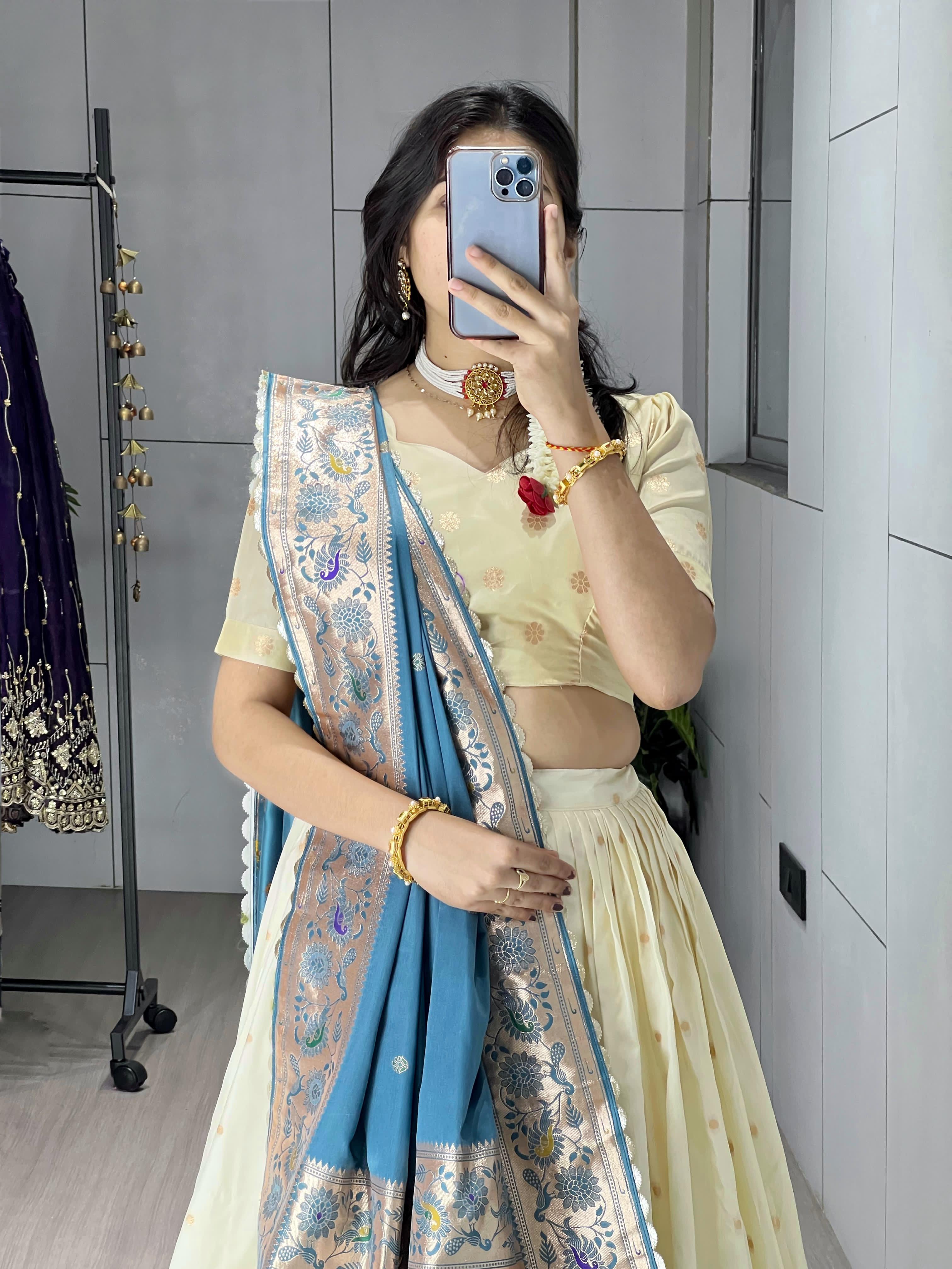 Rama Pure Paithani Silk Zari Weaving Work With Border and Butti Lehenga Choli 