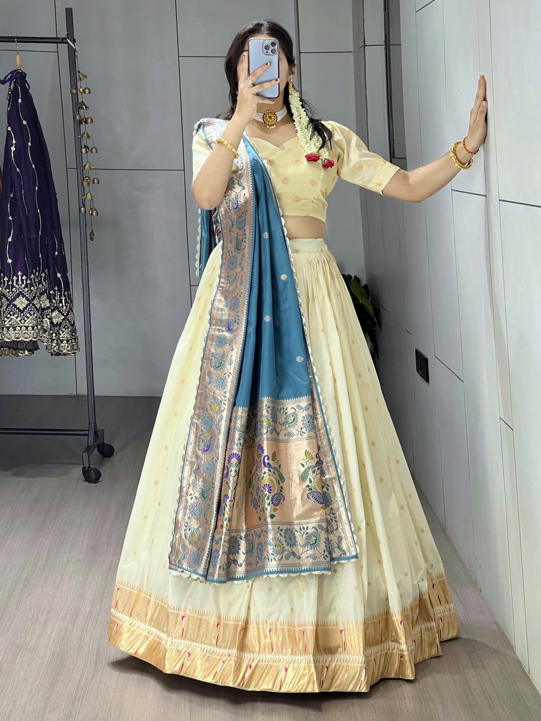 Rama Pure Paithani Silk Zari Weaving Work With Border and Butti Lehenga Choli 