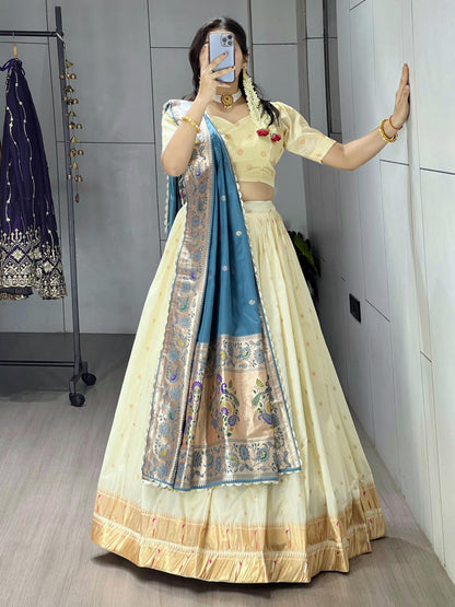 Rama Pure Paithani Silk Zari Weaving Work With Border and Butti Lehenga Choli 