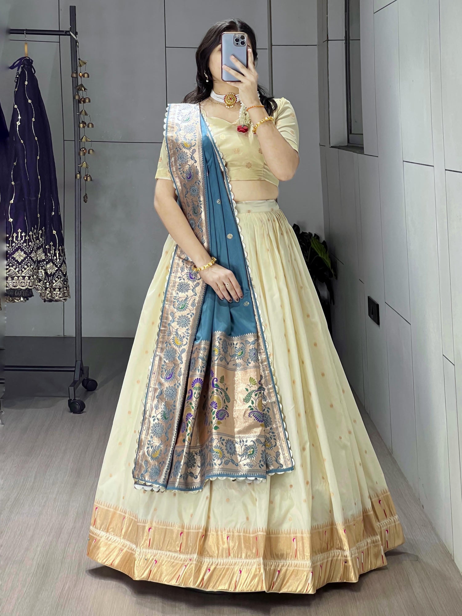 Rama Pure Paithani Silk Zari Weaving Work With Border and Butti Lehenga Choli 