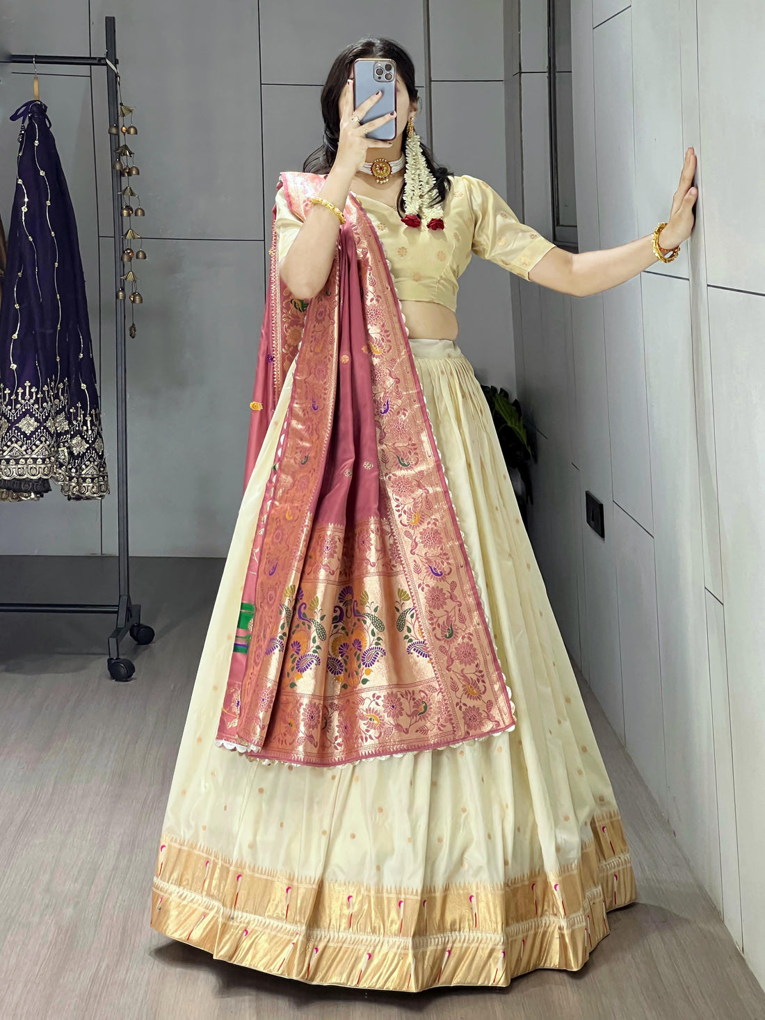 Gajari Pure Paithani Silk Zari Weaving Work With Border and Butti Lehenga Choli 
