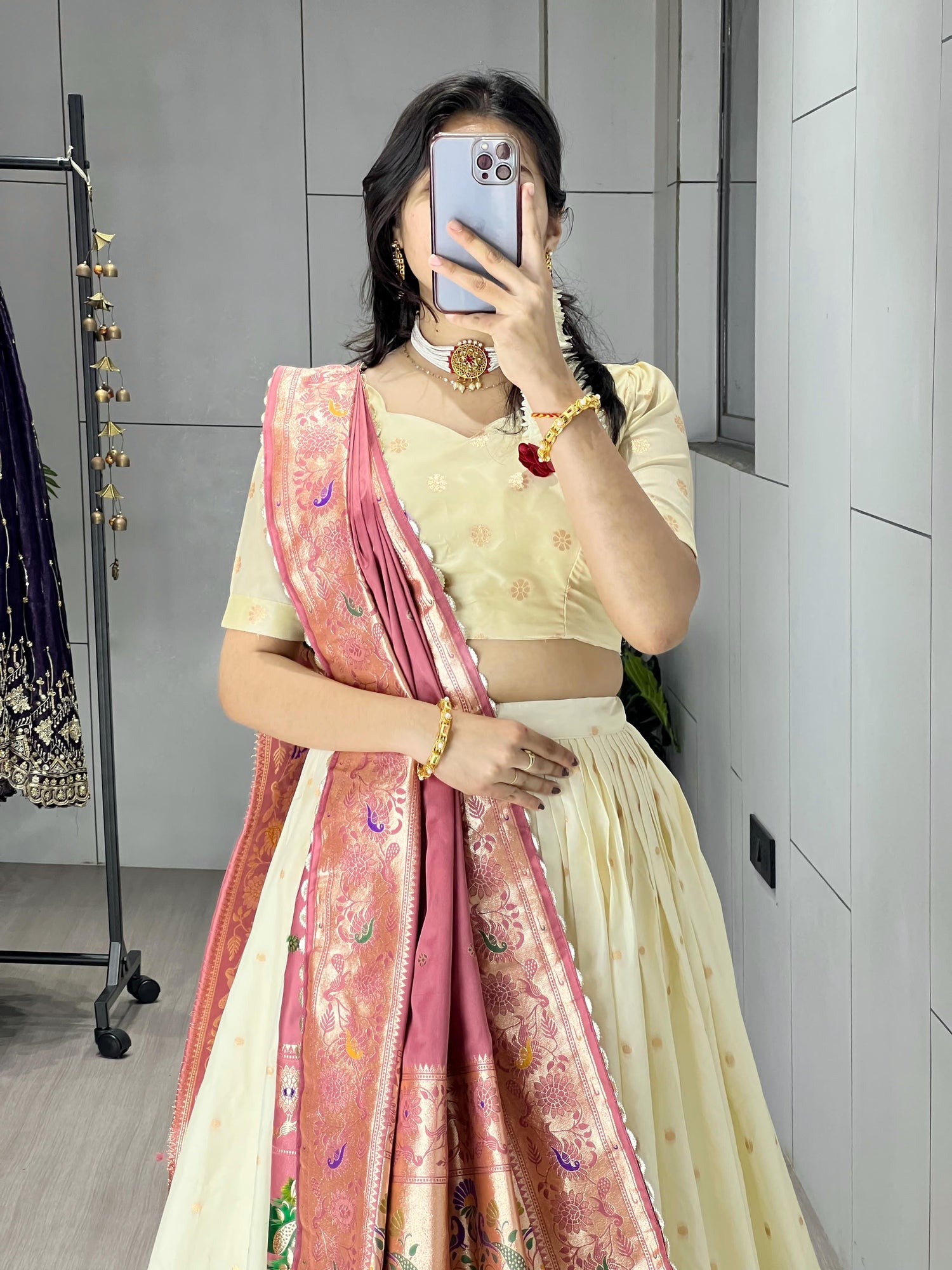 Gajari Pure Paithani Silk Zari Weaving Work With Border and Butti Lehenga Choli 