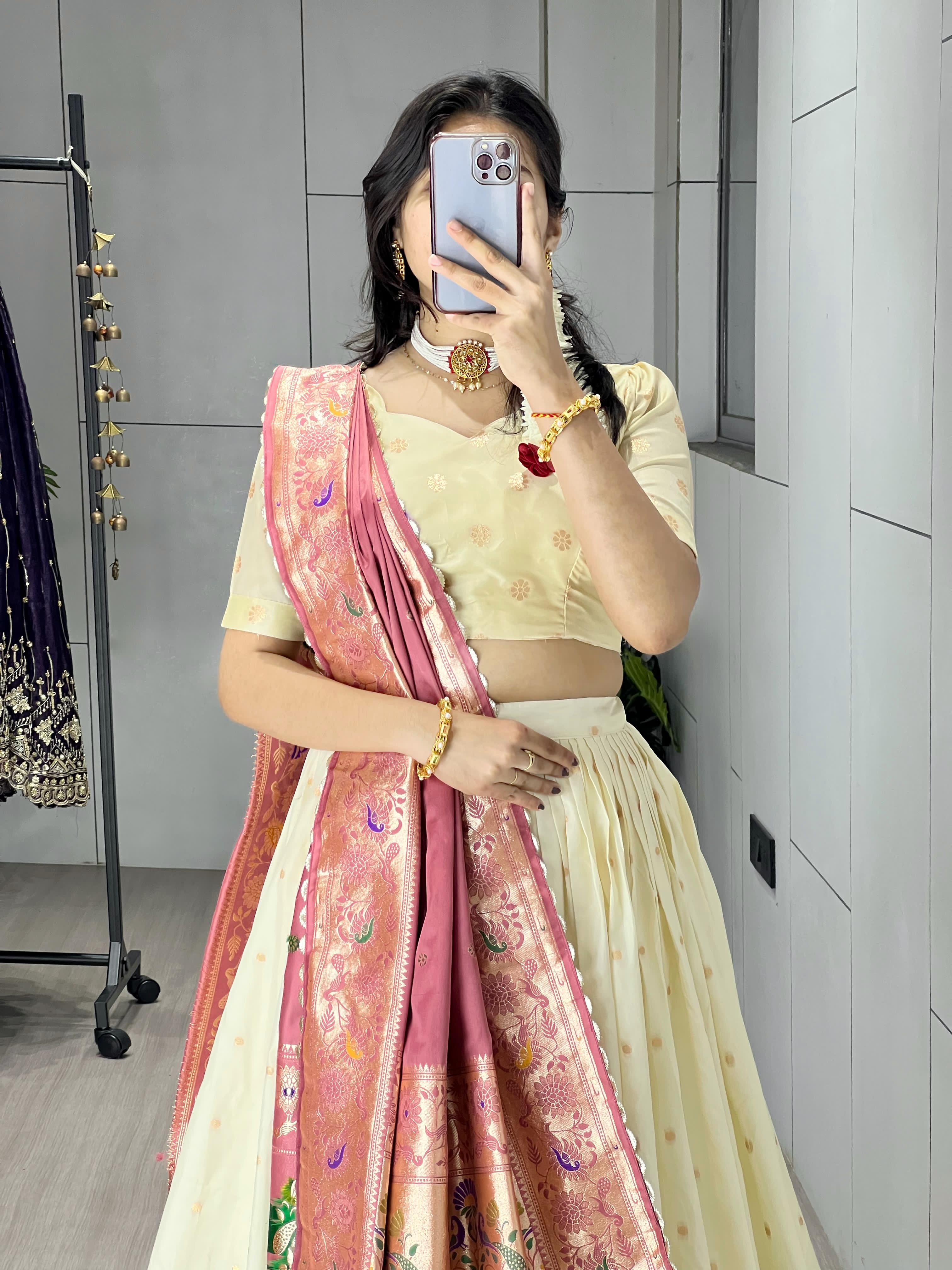 Gajari Pure Paithani Silk Zari Weaving Work With Border and Butti Lehenga Choli 