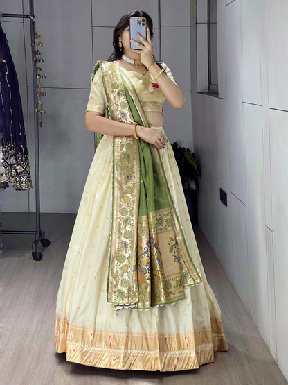 Green Pure Paithani Silk Zari Weaving Work With Border and Butti Lehenga Choli 