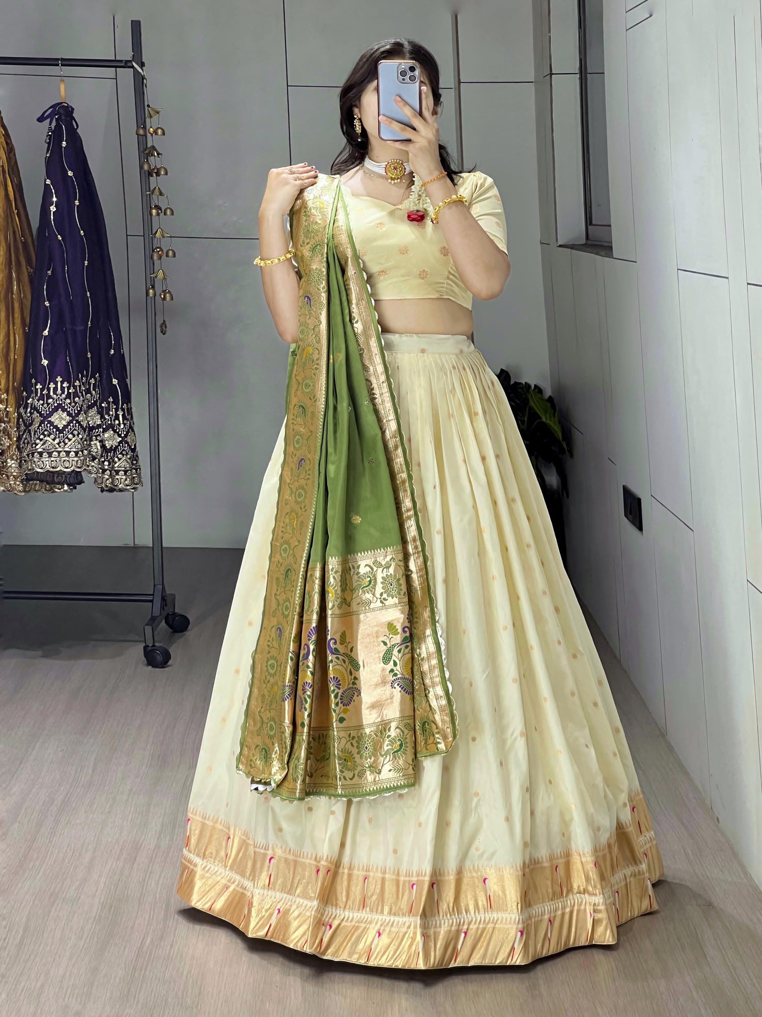 Green Pure Paithani Silk Zari Weaving Work With Border and Butti Lehenga Choli 