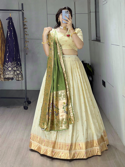Green Pure Paithani Silk Zari Weaving Work With Border and Butti Lehenga Choli 