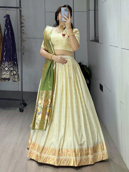 Green Pure Paithani Silk Zari Weaving Work With Border and Butti Lehenga Choli 