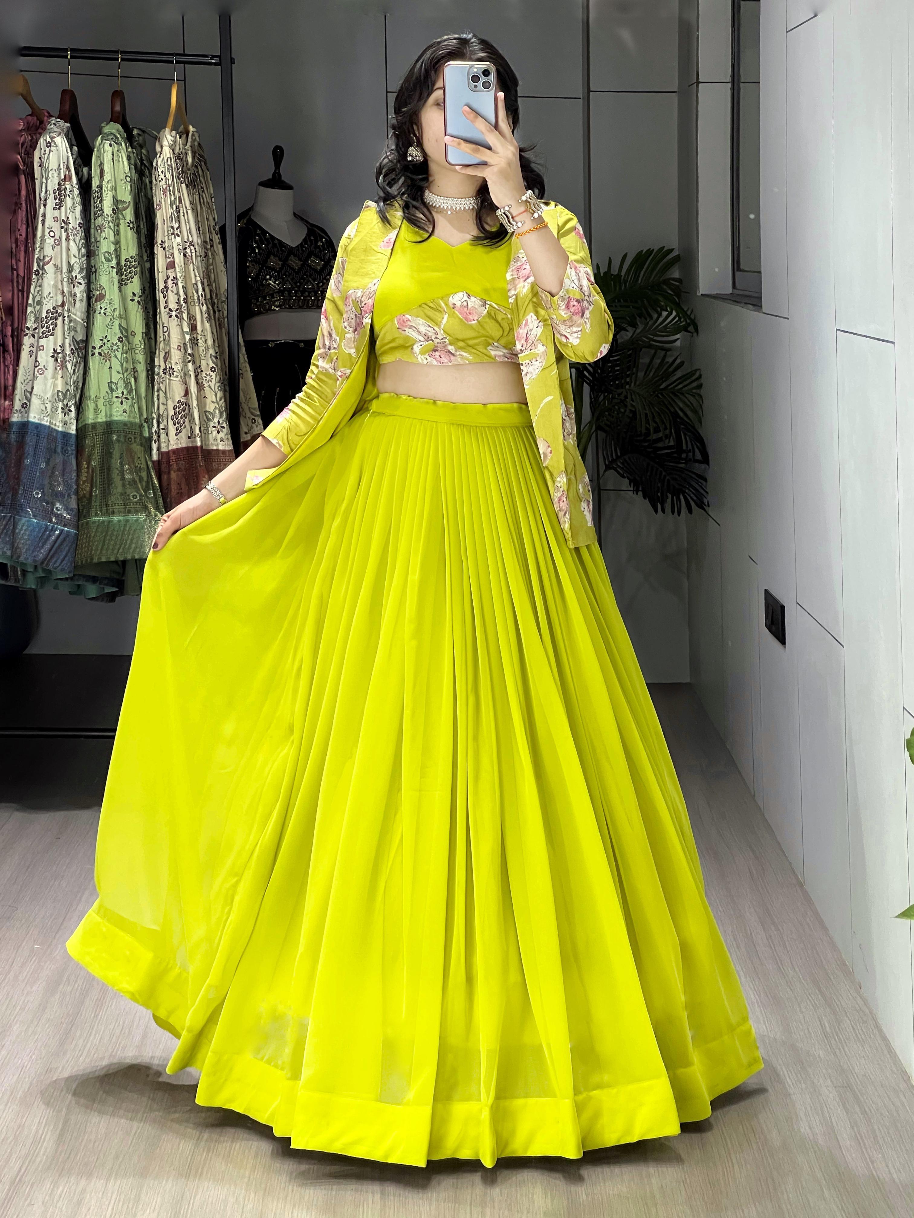 Parrot Pure Faux Georgette Silk Classical Foil Printed Koti Lehenga Choli 