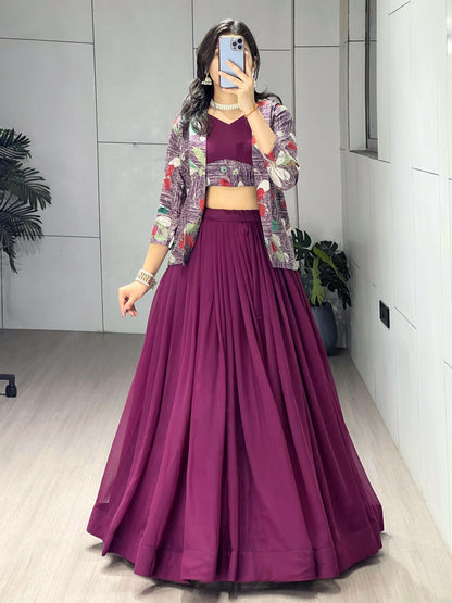 Wine Pure Faux Georgette Silk Classical Foil Printed Koti Lehenga Choli 