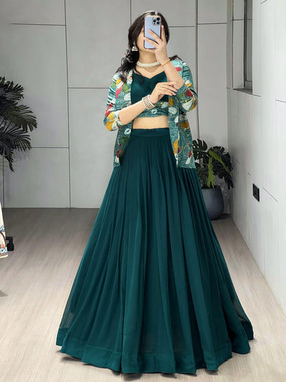 Rama Pure Faux Georgette Silk Classical Foil Printed Koti Lehenga Choli 