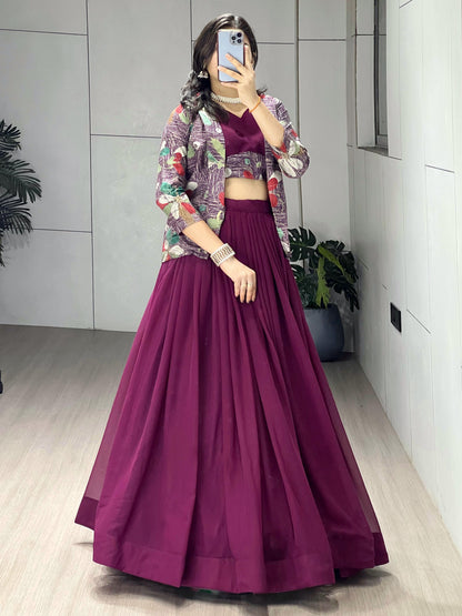 Wine Pure Faux Georgette Silk Classical Foil Printed Koti Lehenga Choli 
