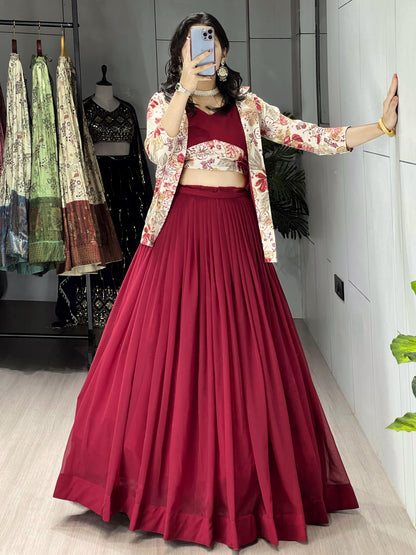 Maroon Pure Faux Georgette Silk Classical Foil Printed Koti Lehenga Choli 