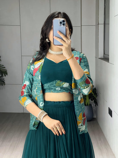 Rama Pure Faux Georgette Silk Classical Foil Printed Koti Lehenga Choli 