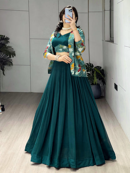 Rama Pure Faux Georgette Silk Classical Foil Printed Koti Lehenga Choli 