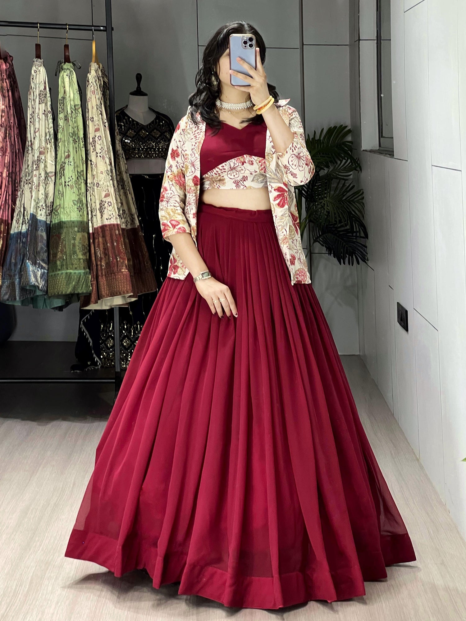 Maroon Pure Faux Georgette Silk Classical Foil Printed Koti Lehenga Choli 